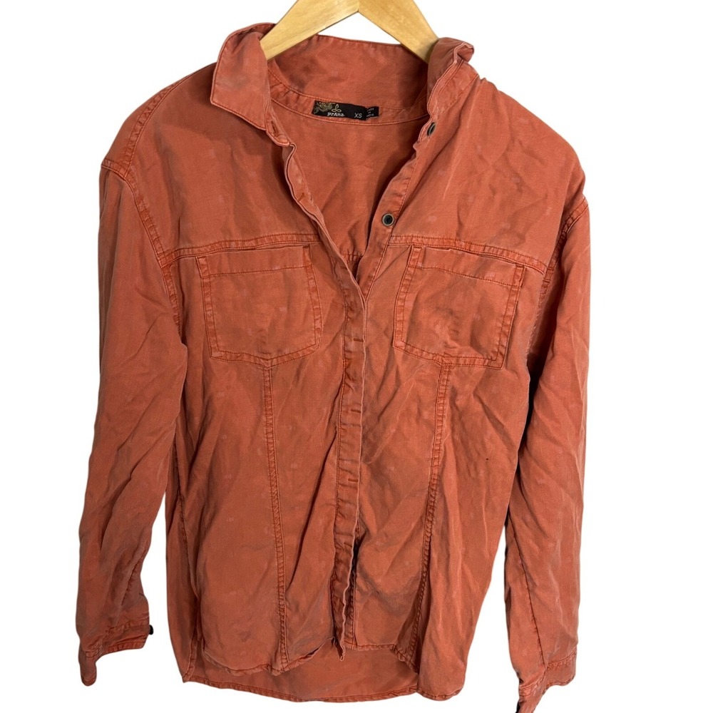 Prana‎ Button Up Shirt Womens XS Burnt Orange Long Sleeve Utility Pockets
